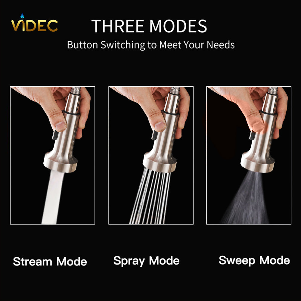 VIDEC KW-56SN Smart Kitchen Faucet, 3 Modes Pull Down Sprayer, Smart LED For Water Temperature Control, Ceramic Valve, 360-Degree Rotation, 1 or 3 Hole Deck Plate.