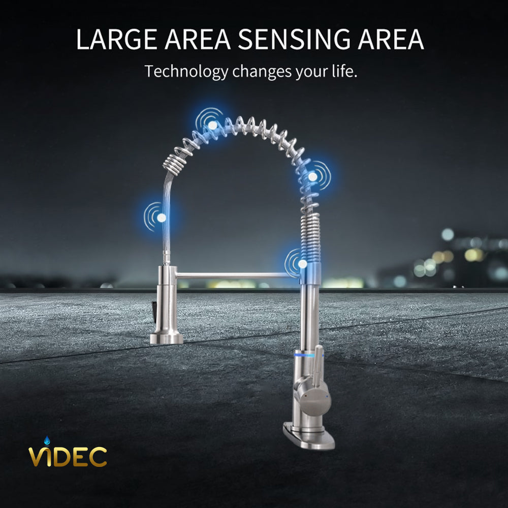 VIDEC KW-66SN Smart Touch On Kitchen Faucet, 3 Modes Pull Down Sprayer, Smart Touch Sensor Activated, LED Temperature Control, Auto ON/Off, Ceramic Valve, 360-Degree Rotation, 1 or 3 Hole Deck Plate.