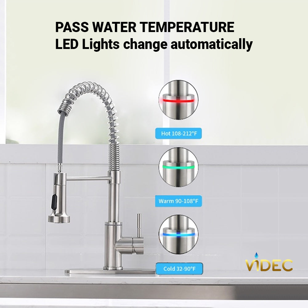 VIDEC KW-56SN Smart Kitchen Faucet, 3 Modes Pull Down Sprayer, Smart LED For Water Temperature Control, Ceramic Valve, 360-Degree Rotation, 1 or 3 Hole Deck Plate.