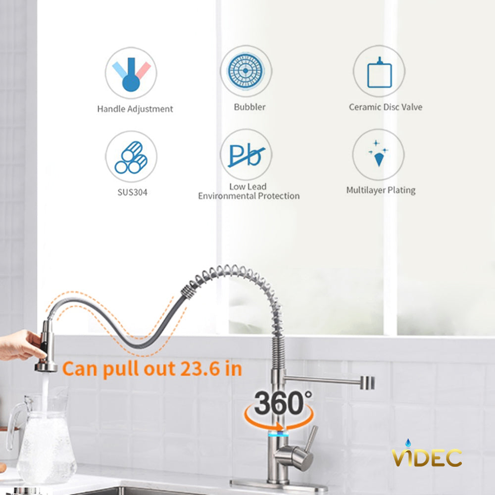 VIDEC KW-66SN Smart Touch On Kitchen Faucet, 3 Modes Pull Down Sprayer, Smart Touch Sensor Activated, LED Temperature Control, Auto ON/Off, Ceramic Valve, 360-Degree Rotation, 1 or 3 Hole Deck Plate.