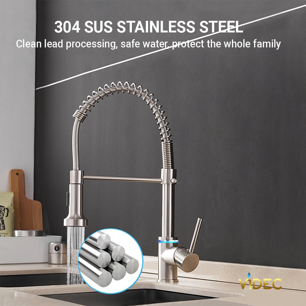 VIDEC KW-66SN Smart Touch On Kitchen Faucet, 3 Modes Pull Down Sprayer, Smart Touch Sensor Activated, LED Temperature Control, Auto ON/Off, Ceramic Valve, 360-Degree Rotation, 1 or 3 Hole Deck Plate.