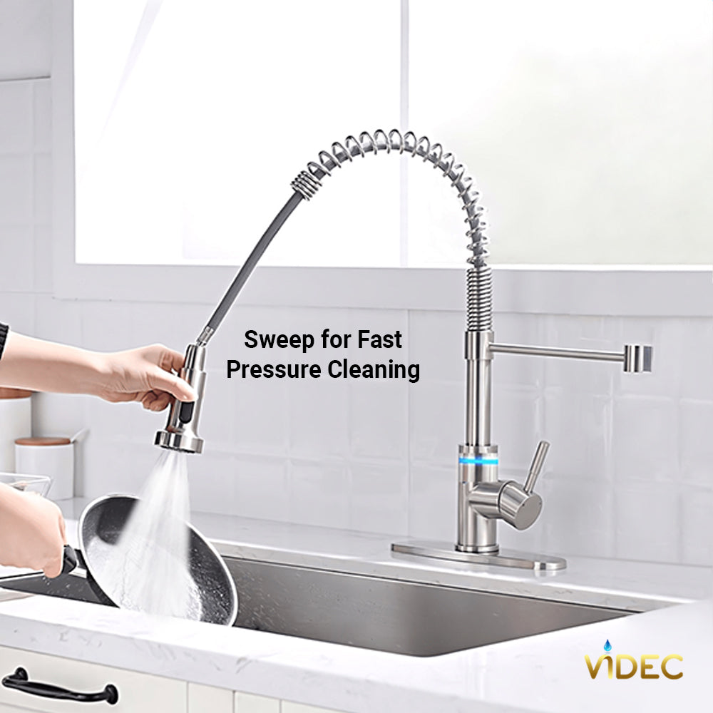 VIDEC KW-66SN Smart Touch On Kitchen Faucet, 3 Modes Pull Down Sprayer, Smart Touch Sensor Activated, LED Temperature Control, Auto ON/Off, Ceramic Valve, 360-Degree Rotation, 1 or 3 Hole Deck Plate.