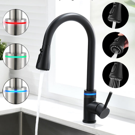 VIDEC KW-68R Smart Kitchen Faucet, 3 Modes Pull Down Sprayer, Smart LED For Water Temperature Control, Ceramic Valve, 360-Degree Rotation, 1 or 3 Hole Deck Plate.