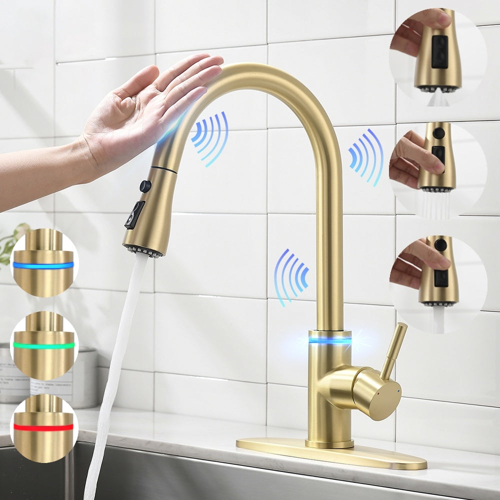 VIDEC KW-70J Smart Touch On Kitchen Faucet, 3 Modes Pull Down Sprayer, Smart Touch Sensor Activated, LED Temperature Control, Auto ON/Off, Ceramic Valve, 360-Degree Rotation, 1 or 3 Hole Deck Plate.