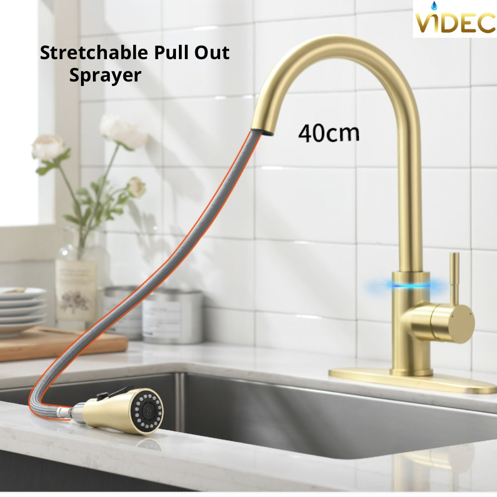 VIDEC KW-70J Smart Touch On Kitchen Faucet, 3 Modes Pull Down Sprayer, Smart Touch Sensor Activated, LED Temperature Control, Auto ON/Off, Ceramic Valve, 360-Degree Rotation, 1 or 3 Hole Deck Plate.