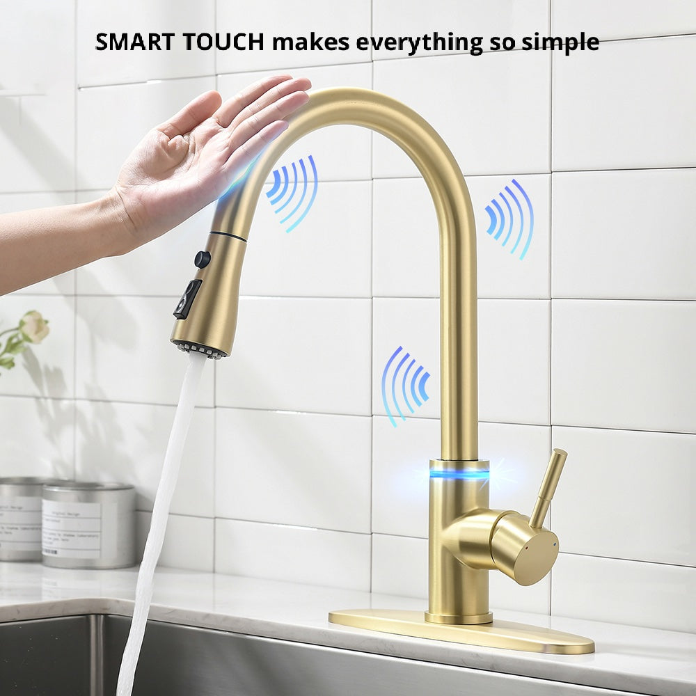 VIDEC KW-70J Smart Touch On Kitchen Faucet, 3 Modes Pull Down Sprayer, Smart Touch Sensor Activated, LED Temperature Control, Auto ON/Off, Ceramic Valve, 360-Degree Rotation, 1 or 3 Hole Deck Plate.