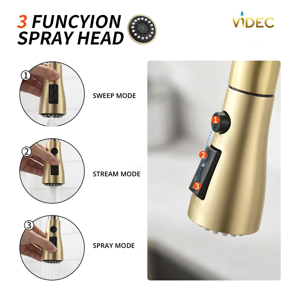 VIDEC KW-68J  Smart Kitchen Faucet, 3 Modes Pull Down Sprayer, Smart LED For Water Temperature Control, Ceramic Valve, 360-Degree Rotation, 1 or 3 Hole Deck Plate.