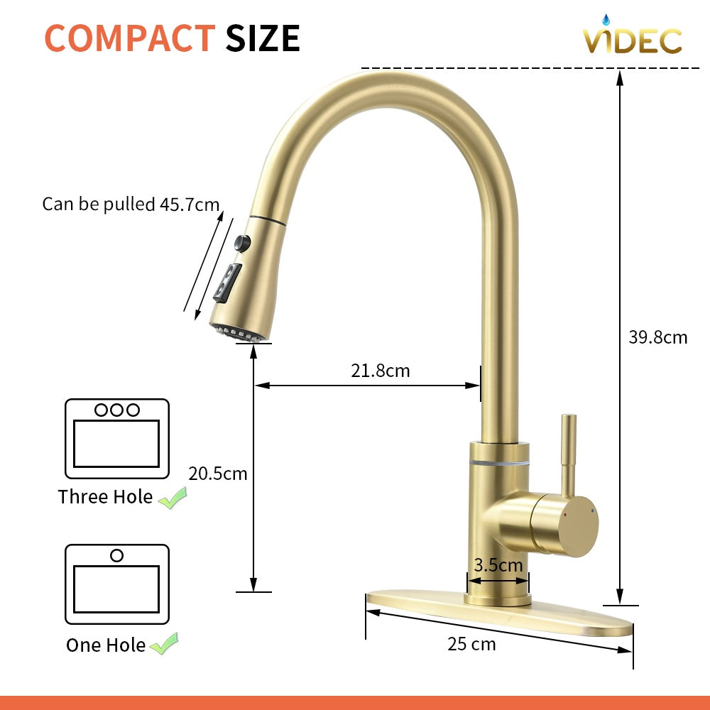 VIDEC KW-70J Smart Touch On Kitchen Faucet, 3 Modes Pull Down Sprayer, Smart Touch Sensor Activated, LED Temperature Control, Auto ON/Off, Ceramic Valve, 360-Degree Rotation, 1 or 3 Hole Deck Plate.