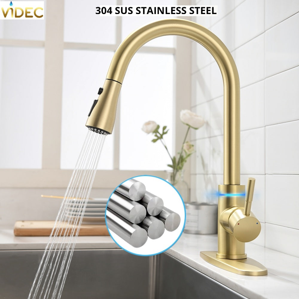 VIDEC KW-70J Smart Touch On Kitchen Faucet, 3 Modes Pull Down Sprayer, Smart Touch Sensor Activated, LED Temperature Control, Auto ON/Off, Ceramic Valve, 360-Degree Rotation, 1 or 3 Hole Deck Plate.