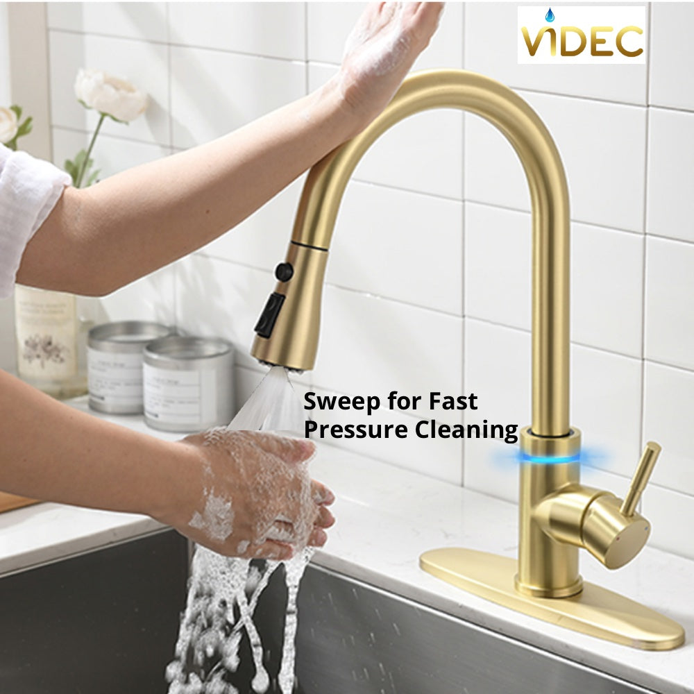 VIDEC KW-70J Smart Touch On Kitchen Faucet, 3 Modes Pull Down Sprayer, Smart Touch Sensor Activated, LED Temperature Control, Auto ON/Off, Ceramic Valve, 360-Degree Rotation, 1 or 3 Hole Deck Plate.