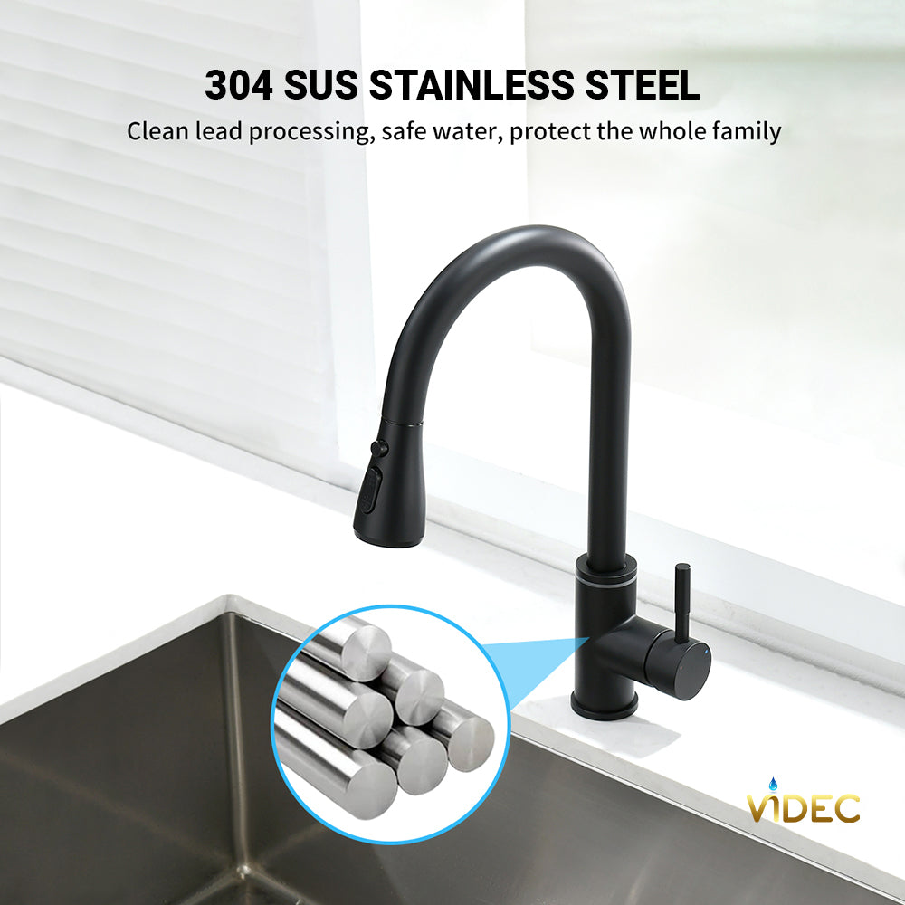 VIDEC KW-68R Smart Kitchen Faucet, 3 Modes Pull Down Sprayer, Smart LED For Water Temperature Control, Ceramic Valve, 360-Degree Rotation, 1 or 3 Hole Deck Plate.