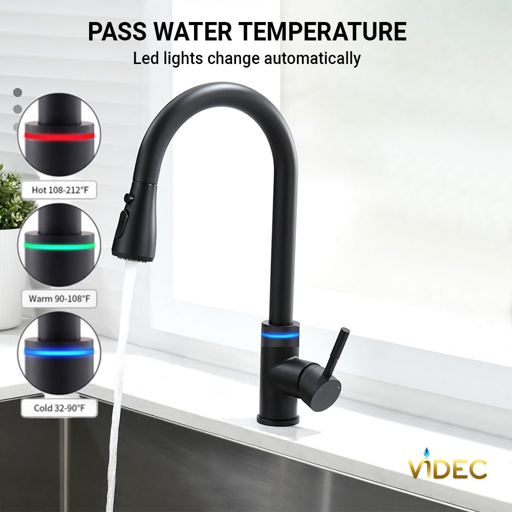 VIDEC KW-70R Smart Touch On Kitchen Faucet, 3 Modes Pull Down Sprayer, Smart Touch Sensor Activated, LED Temperature Control, Hands-Free Auto ON/OFF, Ceramic Valve, 360-Degree Rotation, 1 or 3 hole deck Plate.
