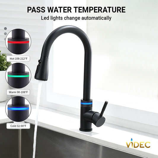 VIDEC KW-70R Smart Touch On Kitchen Faucet, 3 Modes Pull Down Sprayer, Smart Touch Sensor Activated, LED Temperature Control, Hands-Free Auto ON/OFF, Ceramic Valve, 360-Degree Rotation, 1 or 3 hole deck Plate.