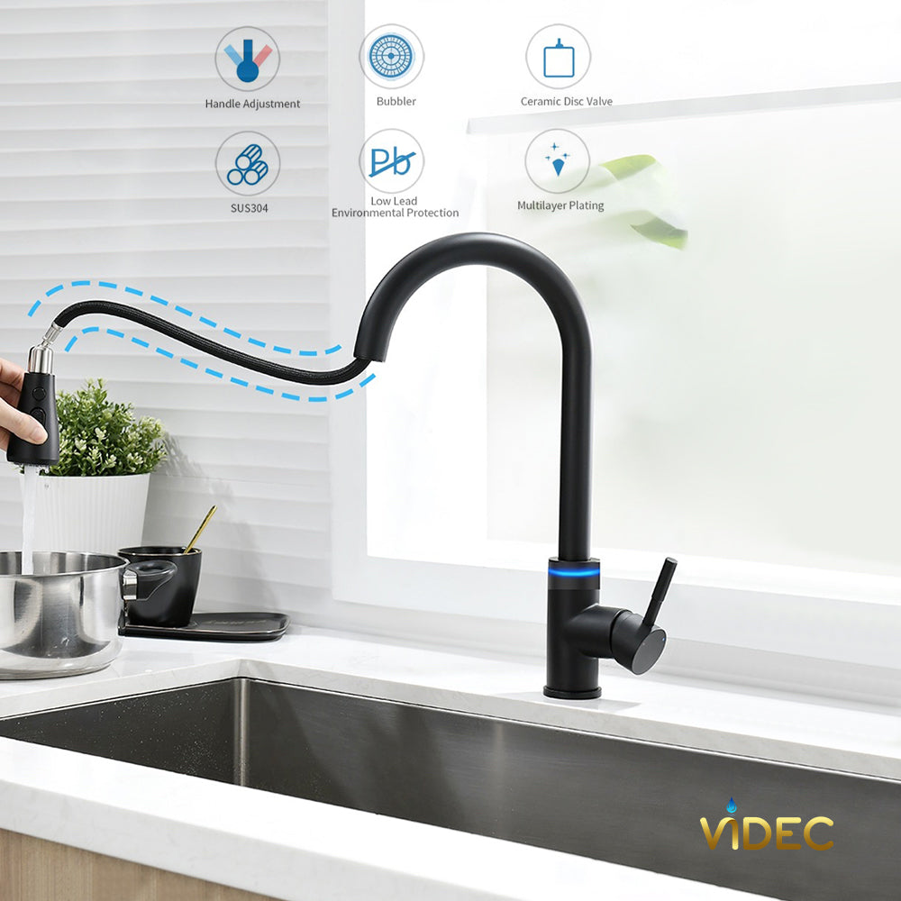 VIDEC KW-70R Smart Touch On Kitchen Faucet, 3 Modes Pull Down Sprayer, Smart Touch Sensor Activated, LED Temperature Control, Hands-Free Auto ON/OFF, Ceramic Valve, 360-Degree Rotation, 1 or 3 hole deck Plate.