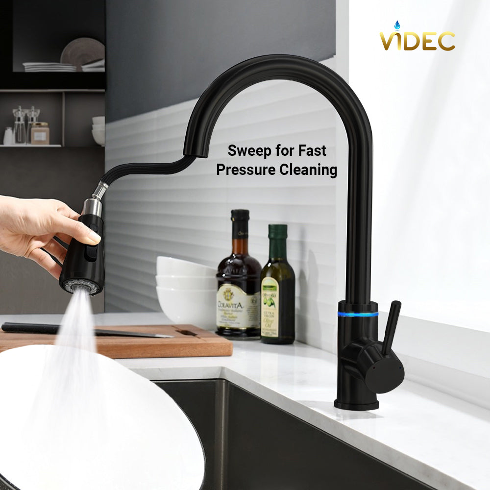 VIDEC KW-68R Smart Kitchen Faucet, 3 Modes Pull Down Sprayer, Smart LED For Water Temperature Control, Ceramic Valve, 360-Degree Rotation, 1 or 3 Hole Deck Plate.