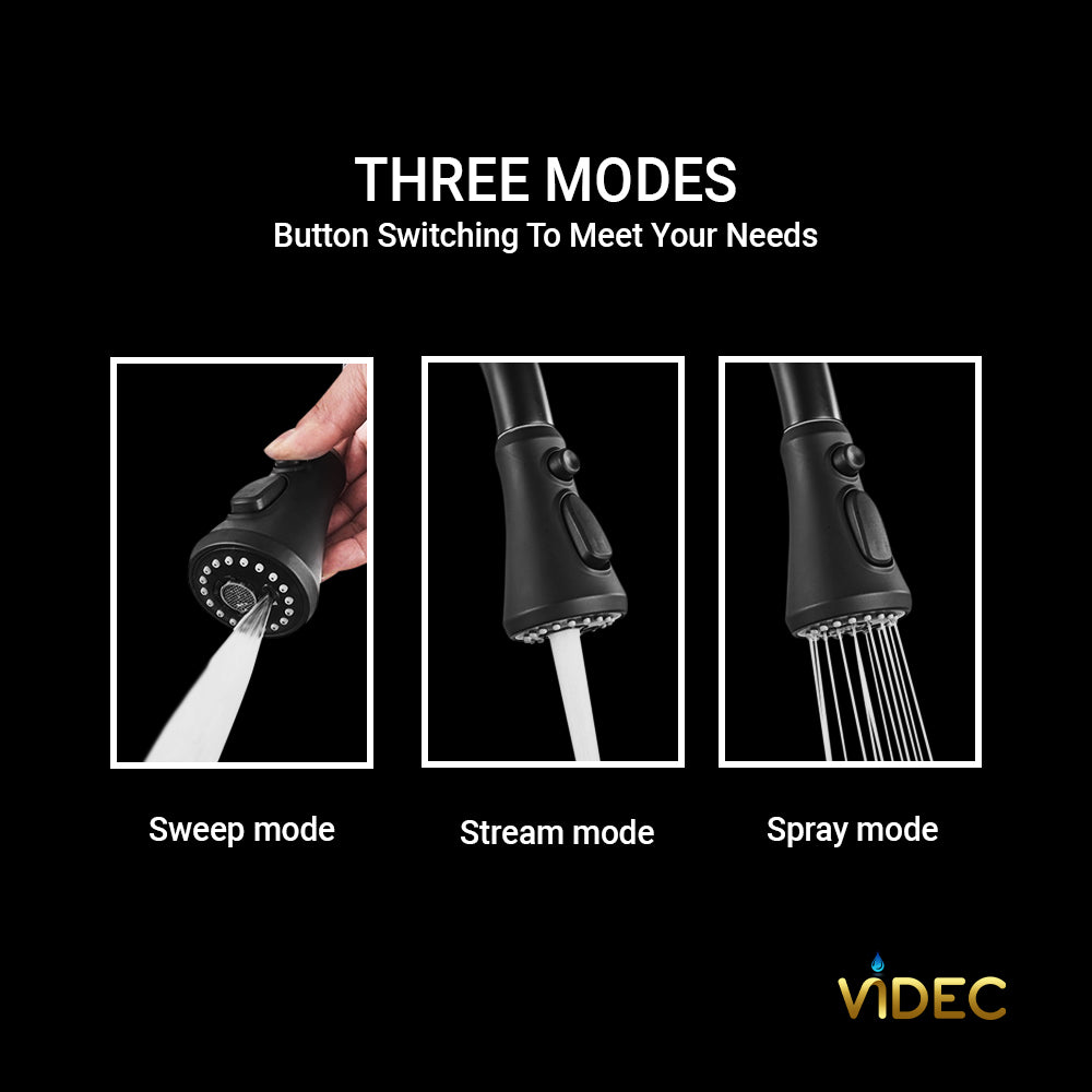 VIDEC KW-86R Smart Kitchen Faucet, 3 Modes Pull Down Smart Sprayer, Ceramic Valve, 360-Degree Rotation, 1 or 3 Hole Deck Plate.