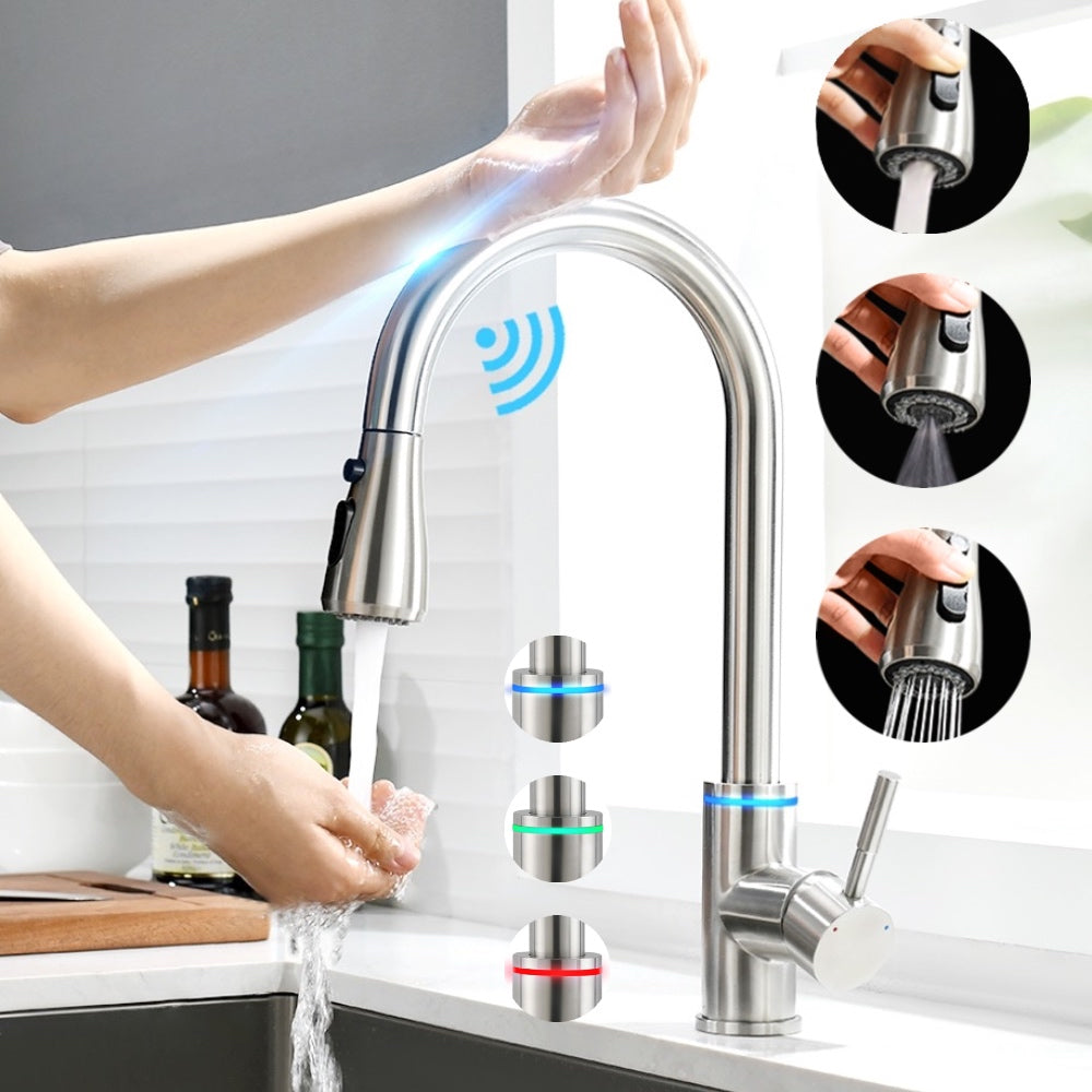 VIDEC KW-70SN Smart Touch On Kitchen Faucet, 3 Modes Pull Down Sprayer, Smart Touch Sensor Activated, LED Temperature Control, Auto ON/Off, Ceramic Valve, 360-Degree Rotation, 1 or 3 Hole Deck Plate.