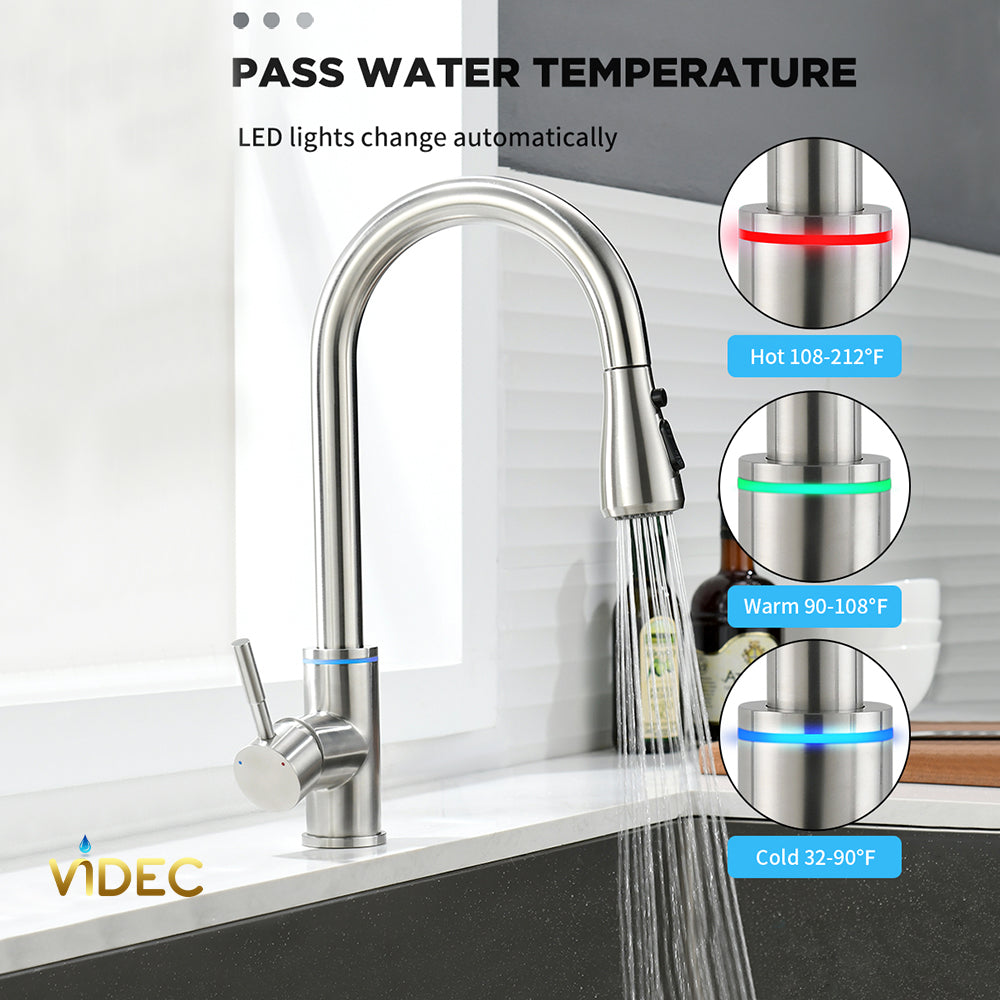 VIDEC KW-68SN  Smart Kitchen Faucet, 3 Modes Pull Down Sprayer, Smart LED For Water Temperature Control, Ceramic Valve, 360-Degree Rotation, 1 or 3 Hole Deck Plate.