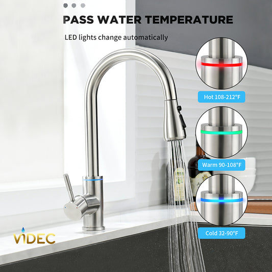 VIDEC KW-68SN Smart Kitchen Faucet, 3 Modes Pull Down Sprayer, Smart LED For Water Temperature Control, Ceramic Valve, 360-Degree Rotation, 1 or 3 Hole Deck Plate.
