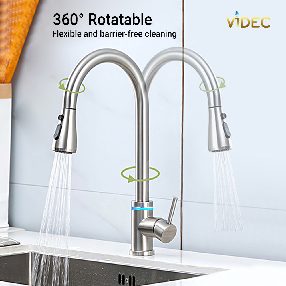 VIDEC KW-70SN Smart Touch On Kitchen Faucet, 3 Modes Pull Down Sprayer, Smart Touch Sensor Activated, LED Temperature Control, Auto ON/Off, Ceramic Valve, 360-Degree Rotation, 1 or 3 Hole Deck Plate.