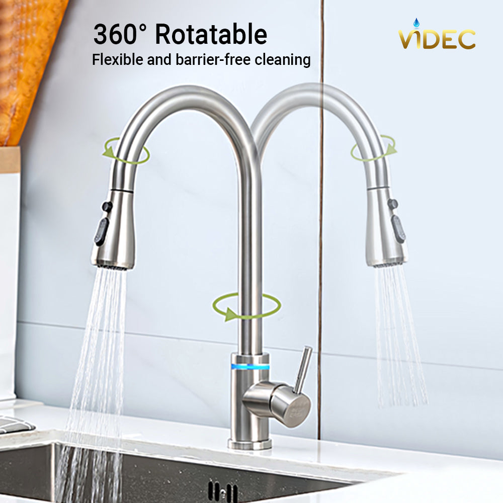 VIDEC KW-68SN  Smart Kitchen Faucet, 3 Modes Pull Down Sprayer, Smart LED For Water Temperature Control, Ceramic Valve, 360-Degree Rotation, 1 or 3 Hole Deck Plate.