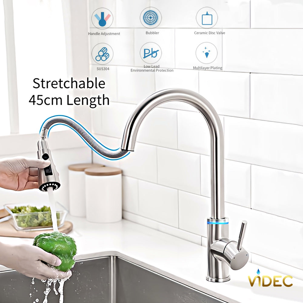 VIDEC KW-70SN Smart Touch On Kitchen Faucet, 3 Modes Pull Down Sprayer, Smart Touch Sensor Activated, LED Temperature Control, Auto ON/Off, Ceramic Valve, 360-Degree Rotation, 1 or 3 Hole Deck Plate.