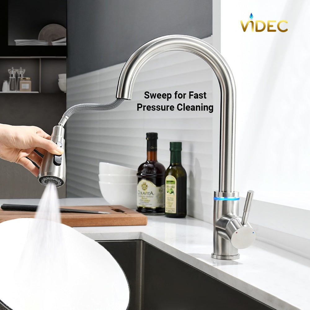 VIDEC KW-68SN Smart Kitchen Faucet, 3 Modes Pull Down Sprayer, Smart LED For Water Temperature Control, Ceramic Valve, 360-Degree Rotation, 1 or 3 Hole Deck Plate.