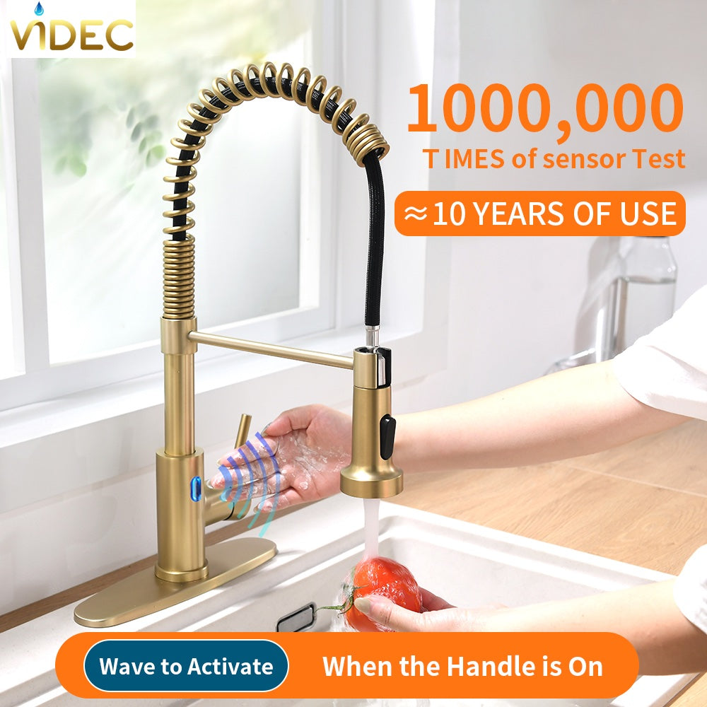VIDEC KW-79J Smart Touch-less Kitchen Faucet, 3 Modes Pull Down Sprayer, Smart Motion Sensor Activated, LED Temperature Control, Auto ON/Off, Ceramic Valve, 360-Degree Rotation, 1 or 3 Hole Deck Plate.