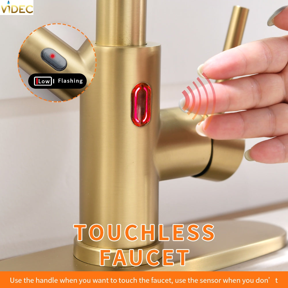 VIDEC KW-79J Smart Touch-less Kitchen Faucet, 3 Modes Pull Down Sprayer, Smart Motion Sensor Activated, LED Temperature Control, Auto ON/Off, Ceramic Valve, 360-Degree Rotation, 1 or 3 Hole Deck Plate.