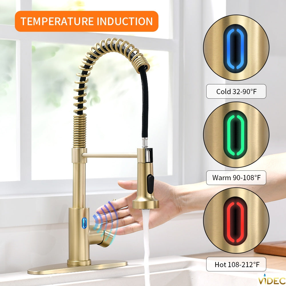 VIDEC KW-79J Smart Touch-less Kitchen Faucet, 3 Modes Pull Down Sprayer, Smart Motion Sensor Activated, LED Temperature Control, Auto ON/Off, Ceramic Valve, 360-Degree Rotation, 1 or 3 Hole Deck Plate.