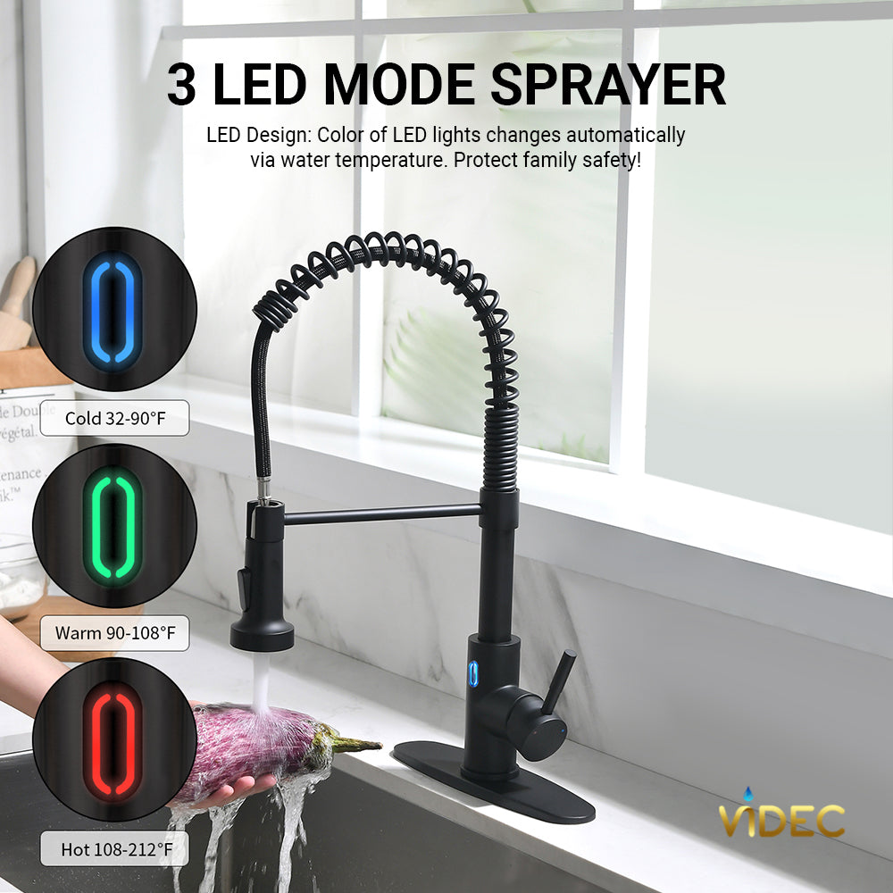 VIDEC KW-79R Smart Touch-less Kitchen Faucet, 3 Modes Pull Down Sprayer, Smart Motion Sensor Activated, LED Temperature Control, Auto ON/Off, Ceramic Valve, 360-Degree Rotation,1 or 3 Hole Deck Plate.