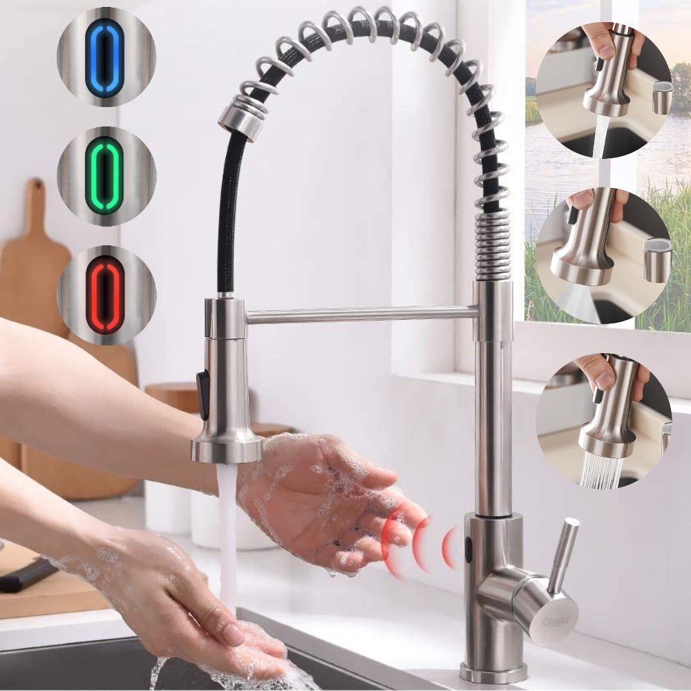 VIDEC KW-79SN Smart Touchless Kitchen Faucet, 3 Modes Pull Down Sprayer, Smart Motion Sensor Activated, LED Temperature Control, Auto ON/Off, Ceramic Valve, 360-Degree Rotation, 1 or 3 Hole Deck Plate.