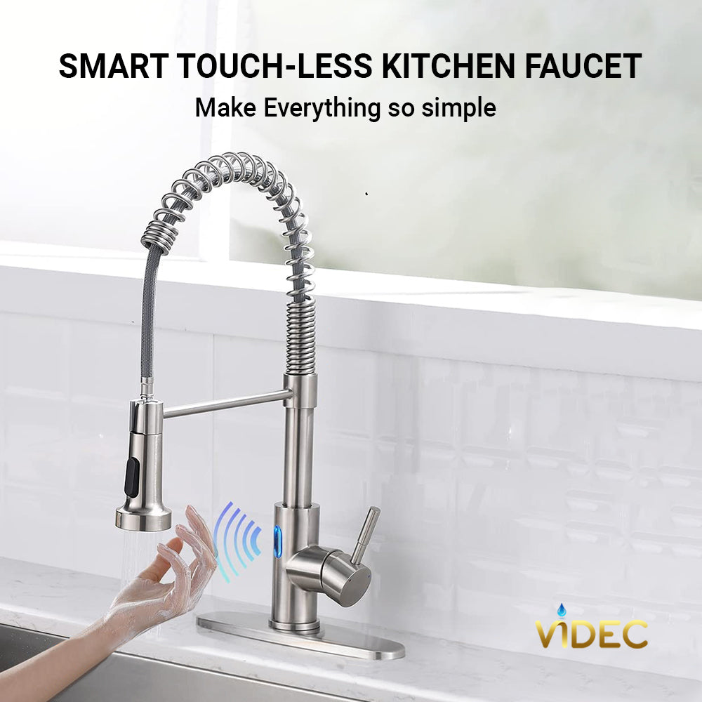 VIDEC KW-79SN Smart Touchless Kitchen Faucet, 3 Modes Pull Down Sprayer, Smart Motion Sensor Activated, LED Temperature Control, Auto ON/Off, Ceramic Valve, 360-Degree Rotation, 1 or 3 Hole Deck Plate.