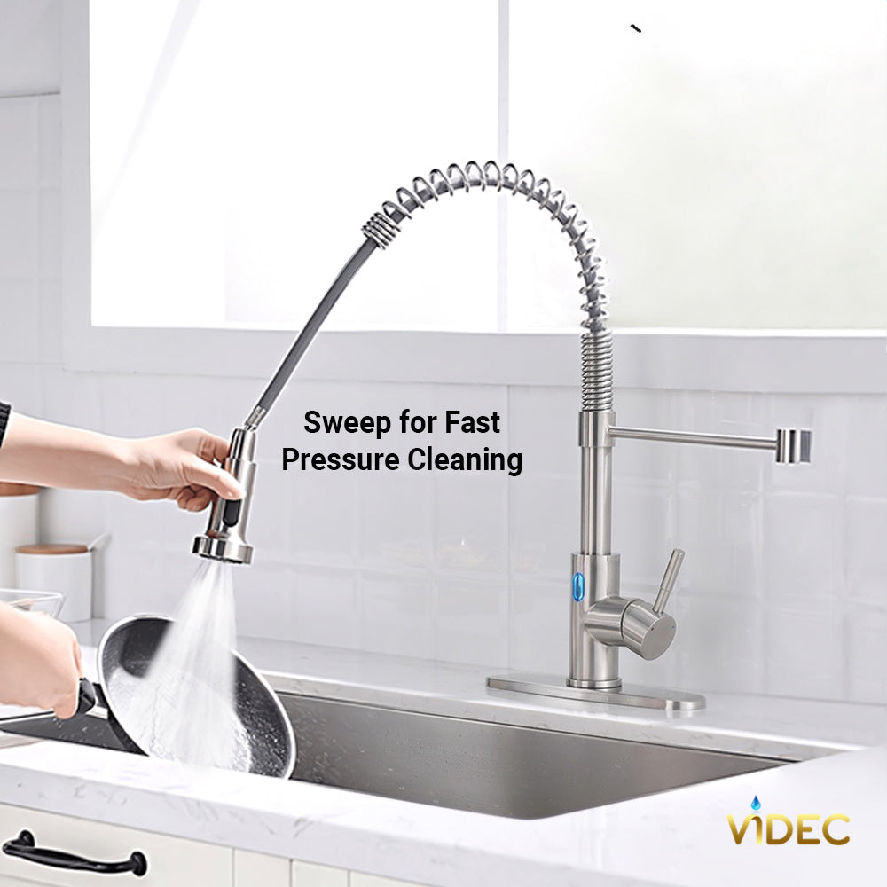 VIDEC KW-79SN Smart Touchless Kitchen Faucet, 3 Modes Pull Down Sprayer, Smart Motion Sensor Activated, LED Temperature Control, Auto ON/Off, Ceramic Valve, 360-Degree Rotation, 1 or 3 Hole Deck Plate.