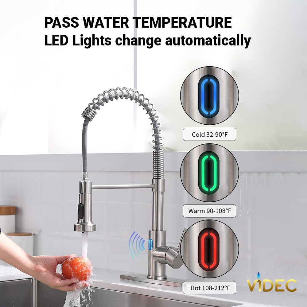 VIDEC KW-79SN Smart Touchless Kitchen Faucet, 3 Modes Pull Down Sprayer, Smart Motion Sensor Activated, LED Temperature Control, Auto ON/Off, Ceramic Valve, 360-Degree Rotation, 1 or 3 Hole Deck Plate.