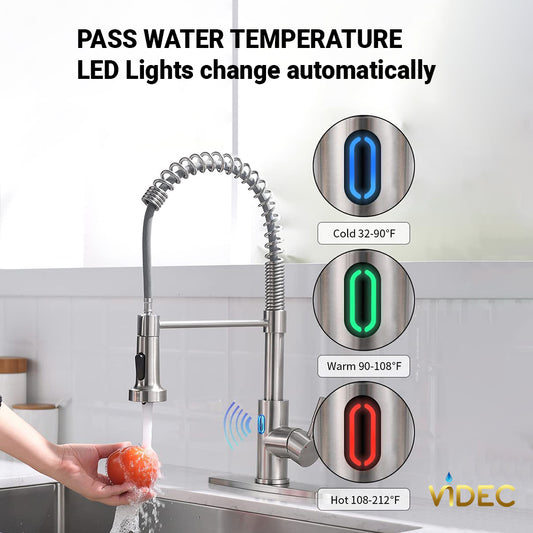 VIDEC KW-79SN Smart Touchless Kitchen Faucet, 3 Modes Pull Down Sprayer, Smart Motion Sensor Activated, LED Temperature Control, Auto ON/Off, Ceramic Valve, 360-Degree Rotation, 1 or 3 Hole Deck Plate.