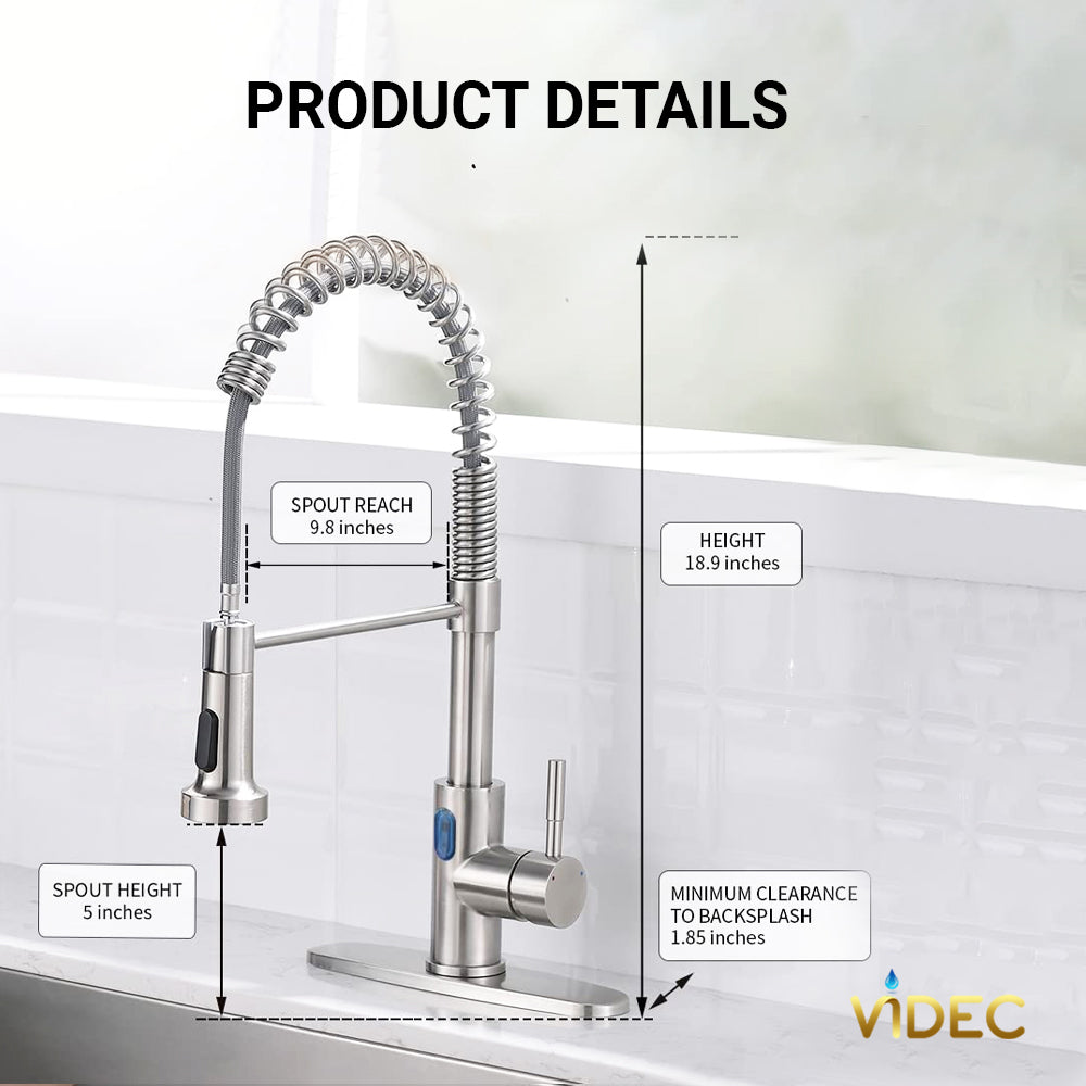 VIDEC KW-79SN Smart Touchless Kitchen Faucet, 3 Modes Pull Down Sprayer, Smart Motion Sensor Activated, LED Temperature Control, Auto ON/Off, Ceramic Valve, 360-Degree Rotation, 1 or 3 Hole Deck Plate.