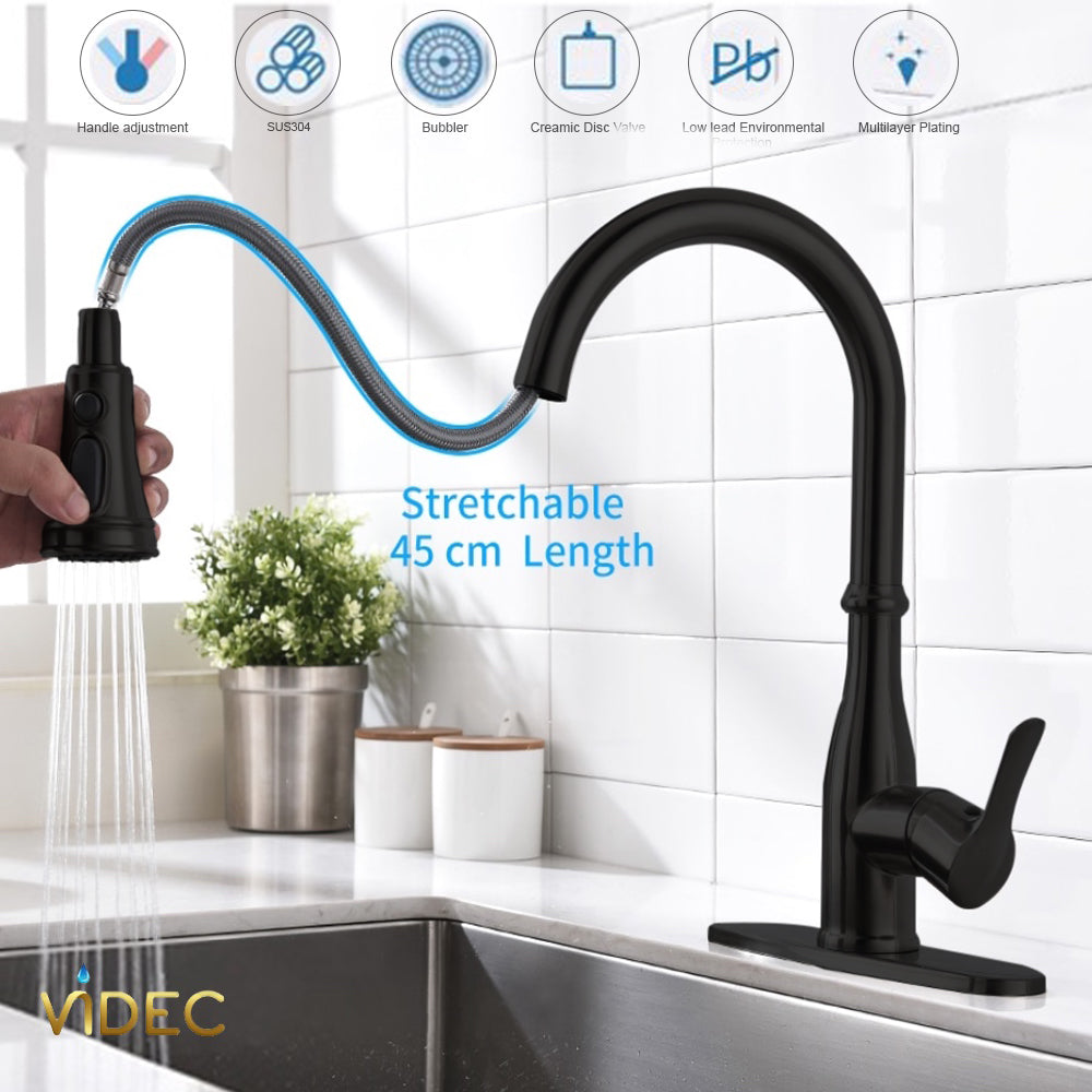 VIDEC KW-86R Smart Kitchen Faucet, 3 Modes Pull Down Smart Sprayer, Ceramic Valve, 360-Degree Rotation, 1 or 3 Hole Deck Plate.