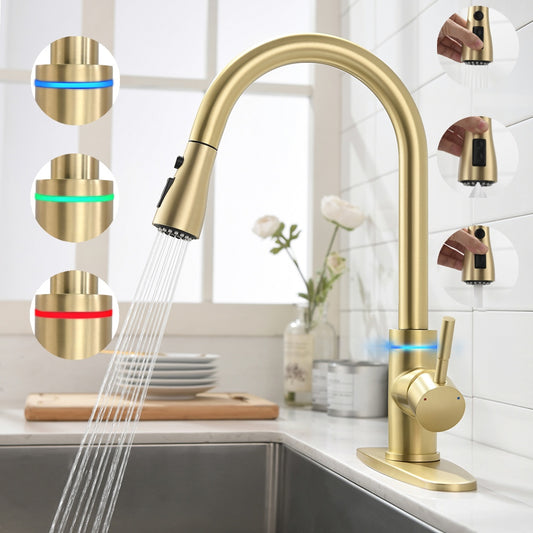 VIDEC KW-68J Smart Kitchen Faucet, 3 Modes Pull Down Sprayer, Smart LED For Water Temperature Control, Ceramic Valve, 360-Degree Rotation, 1 or 3 Hole Deck Plate.