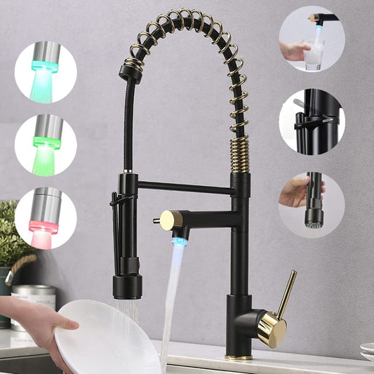 VIDEC KW-21RK Smart Kitchen Faucet, 3 Modes Pull Down Sprayer, LED Temperature Control, Ceramic Valve, 360-Degree Rotation, 1 or 3 Hole Deck Plate.