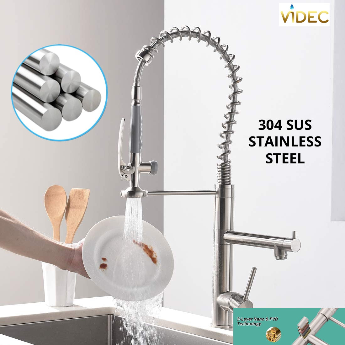 VIDEC KW-29SN Smart Kitchen Faucet, 3 Modes Pull Down Sprayer, LED Temperature Control, Ceramic Valve, 360-Degree Rotation, 1 or 3 Hole Deck Plate.