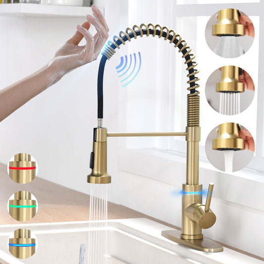 VIDEC KW-66J Smart Touch On Kitchen Faucet, 3 Modes Pull Down Sprayer, Smart Touch Sensor Activated, LED Temperature Control, Auto ON/Off, Ceramic Valve, 360-Degree Rotation, 1 or 3 Hole Deck Plate.