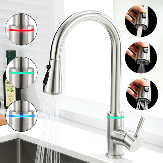 VIDEC KW-68SN Smart Kitchen Faucet, 3 Modes Pull Down Sprayer, Smart LED For Water Temperature Control, Ceramic Valve, 360-Degree Rotation, 1 or 3 Hole Deck Plate.