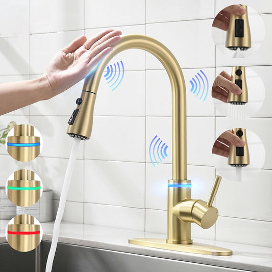 VIDEC KW-70J Smart Touch On Kitchen Faucet, 3 Modes Pull Down Sprayer, Smart Touch Sensor Activated, LED Temperature Control, Auto ON/Off, Ceramic Valve, 360-Degree Rotation, 1 or 3 Hole Deck Plate.